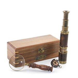 Ahşap Kutulu Büyüteç, Dürbün, Pusula Seti, Eskitme, 23x8