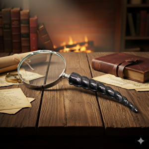 Boynuz Saplı Pirinç Büyüteç, Gümüş, 26x10