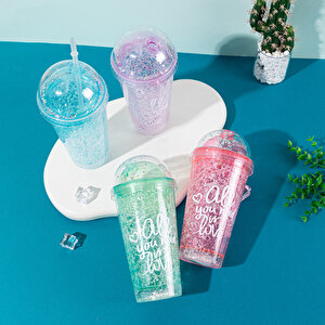 Yazılı Işıklı Ve Pipetli Bardak, 450 Ml, Buzlu Ve Kapaklı, Pembe, 20x8 Pembe