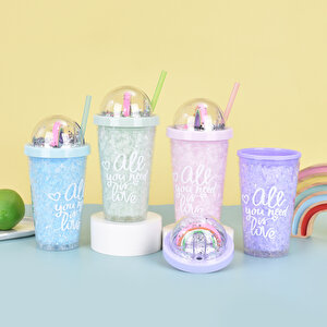 Gökkuşağı Işıklı Ve Pipetli Bardak, 450 Ml, Buzlu Ve Kapaklı, Pembe, 20x8