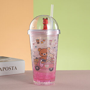 Ayıcıklar Işıklı Ve Pipetli Bardak, 450 Ml, Buzlu Ve Kapaklı, Pembe, 20x8 Pembe