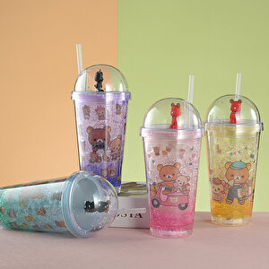 Ayıcıklar Işıklı Ve Pipetli Bardak, 450 Ml, Buzlu Ve Kapaklı, Pembe, 20x8 Pembe