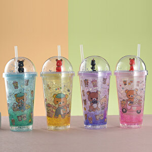 Ayıcıklar Işıklı Ve Pipetli Bardak, 450 Ml, Buzlu Ve Kapaklı, Pembe, 20x8