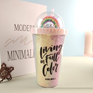 Renkli Işıklı Ve Pipetli Bardak, 450 Ml, Pullu Ve Kapaklı, Pembe, 20x8 Pembe