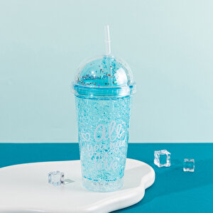 Yazılı Işıklı Ve Pipetli Bardak, 450 Ml, Buzlu Ve Kapaklı, Mavi, 20x8 Mavi