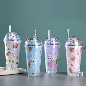 Tavşan Işıklı Ve Pipetli Bardak, 450 Ml, Buzlu Ve Kapaklı, Beyaz, 20x8 Beyaz