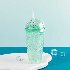 Yazılı Işıklı Ve Pipetli Bardak, 450 Ml, Buzlu Ve Kapaklı, Yeşil, 20x8 Yeşil