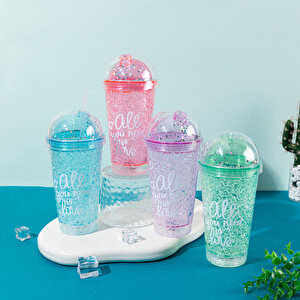 Yazılı Işıklı Ve Pipetli Bardak, 450 Ml, Buzlu Ve Kapaklı, Yeşil, 20x8 Yeşil