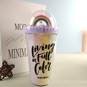 Renkli Işıklı Ve Pipetli Bardak, 450 Ml, Pullu Ve Kapaklı, Mor, 20x8 Mor