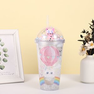 Balonlu Kedi Işıklı Ve Pipetli Bardak, 450 Ml, Buzlu Ve Kapaklı, Renkli, 20x8