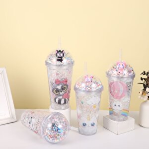 Balonlu Kedi Işıklı Ve Pipetli Bardak, 450 Ml, Buzlu Ve Kapaklı, Renkli, 20x8