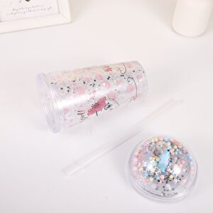 Balonlu Kedi Işıklı Ve Pipetli Bardak, 450 Ml, Buzlu Ve Kapaklı, Renkli, 20x8