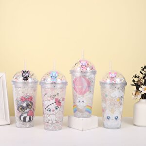 Balonlu Kedi Işıklı Ve Pipetli Bardak, 450 Ml, Buzlu Ve Kapaklı, Renkli, 20x8