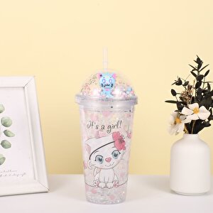 Çiçekli Kedi Işıklı Ve Pipetli Bardak, 450 Ml, Buzlu Ve Kapaklı, Renkli, 20x8