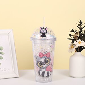 Kalpli Kedi Işıklı Ve Pipetli Bardak, 450 Ml, Buzlu Ve Kapaklı, Renkli, 20x8