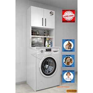 Tamamı Mdf Açık Raflı Ve Kapaklı Çamaşır Makinesi Dolabı, Banyo Dolabı, 4 Raflı, Kapaklı