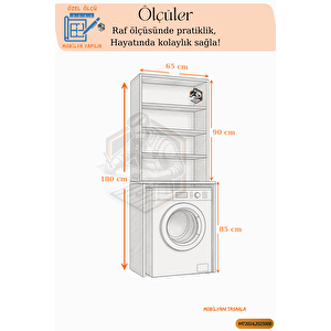 Tamamı Mdf Açık Raflı Ve Kapaklı Çamaşır Makinesi Dolabı, Banyo Dolabı, 4 Raflı, Kapaklı