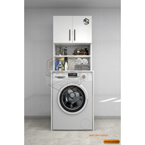 Tamamı Mdf Açık Raflı Ve Kapaklı Çamaşır Makinesi Dolabı, Banyo Dolabı, 4 Raflı, Kapaklı