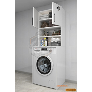 Tamamı Mdf Açık Raflı Ve Kapaklı Çamaşır Makinesi Dolabı, Banyo Dolabı, 4 Raflı, Kapaklı