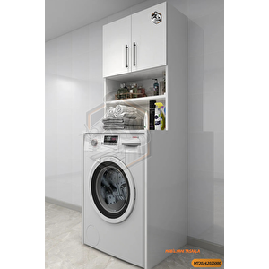 Tamamı Mdf Açık Raflı Ve Kapaklı Çamaşır Makinesi Dolabı, Banyo Dolabı, 4 Raflı, Kapaklı