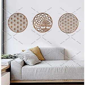 Şirin Lazer Yaşam Çiçeği Hayat Ağacı Ahşap Mdf 3 Lü Tablo Duvar Dekoru