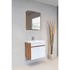 Star Banyo Dolabı Seti ( 60 Cm Atlantik Çam & Parlak Beyaz Aynalı Lavabolu Mdf ) Atlantik Çam - Beyaz