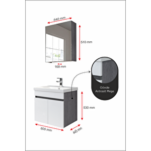 Star Banyo Dolabı Seti ( 60 Cm Antrasit Meşe & Parlak Beyaz Aynalı Lavabolu Mdf ) Antrasit Meşe