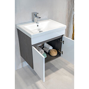 Star Banyo Dolabı Seti ( 60 Cm Antrasit Meşe & Parlak Beyaz Aynalı Lavabolu Mdf )