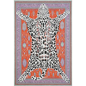 Jagora Leopar Kaplan Desen Vintage Kırmızı Şönil Halı Yıkanabilir Leoparlı Dekoratif Halı 80x300 cm