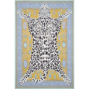 Jagora Leopar Halı Kaplan Desen Vintage Sarı Şönil Halı Yıkanabilir Leopar Dekoratif Halı 80x200 cm