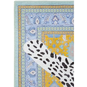 Cool Halı Jagora Leopar Halı Kaplan Desen Vintage Sarı Şönil Halı Yıkanabilir Leopar Dekoratif Halı