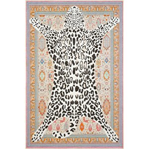 Jagora Leopar Halı Kaplan Desen Vintage Bej Şönil Halı Yıkanabilir Leoparlı Dekoratif Halı 80x300 cm