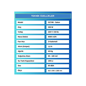 Ozyair Salon 9000 M3/h Evaporatif Soğutucu Mobil Klima, Sulu Hava Soğutucu