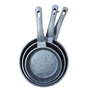 Oms 3737 Fry Pan Döküm Granit 3 Parça Tava Seti Gri (20-24-28 Cm)