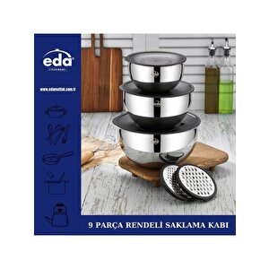 Çelik 9 Parça Rendeli Saklama Kabı Seti 16-20-24 Cm