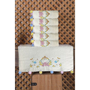 Çeyizlik 6'lı Renkli Ponponlu Çiçek Nakışlı El Yüz Havlusu Seti 50x90 Cm