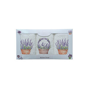 3 Lü Lavanta Baskılı %100 Pamuklu Mutfak Havlusu 30 X 50 Cm Krem Krem