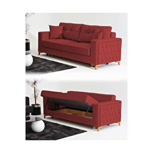 Nola Üçlü Kanepe & Bazalı Yataklı Koltuk - Keten Bordo Bordo