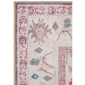 Cool Halı Private Krem Halı Etnik Desen Çiçekli Şönil Halı Yıkanabilir Eskitme Vintage Salon Halısı