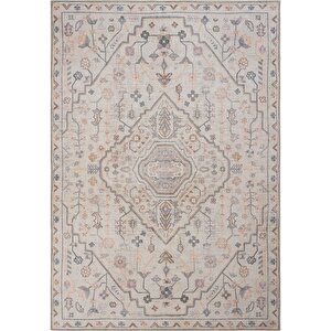 Private Krem Halı Etnik Desen Çiçekli Şönil Halı Yıkanabilir Eskitme Vintage Salon Halısı 95x300 cm