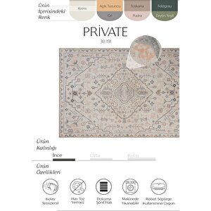 Private Krem Halı Etnik Desen Çiçekli Şönil Halı Yıkanabilir Eskitme Vintage Salon Halısı 95x300 cm