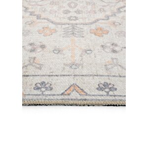 Cool Halı Private Krem Halı Etnik Desen Çiçekli Şönil Halı Yıkanabilir Eskitme Vintage Salon Halısı