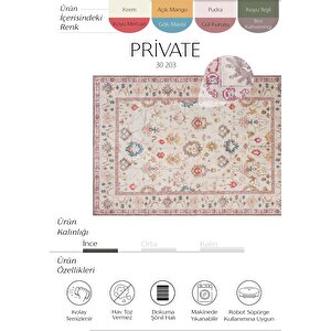 Private Krem Halı Etnik Desen Çiçekli Şönil Halı Yıkanabilir Eskitme Vintage Salon Halısı 95x300 cm