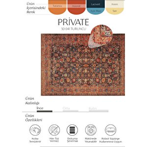 Private Turuncu Etnik Desenli Çiçekli Şönil Halı Yıkanabilir Eskitme Vintage Salon Halısı 95x300 cm