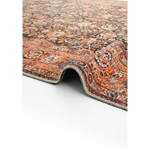 Cool Halı Private Turuncu Etnik Desenli Çiçekli Şönil Halı Yıkanabilir Eskitme Vintage Salon Halısı