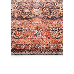 Cool Halı Private Turuncu Etnik Desenli Çiçekli Şönil Halı Yıkanabilir Eskitme Vintage Salon Halısı