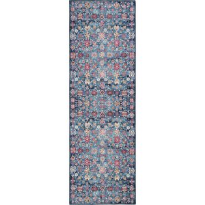 Cool Halı Private Mavi Eskitme Vintage Halı Çiçek Otantik Dokuma Şönil Halı Yıkanabilir Salon Halısı