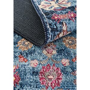 Cool Halı Private Mavi Eskitme Vintage Halı Çiçek Otantik Dokuma Şönil Halı Yıkanabilir Salon Halısı
