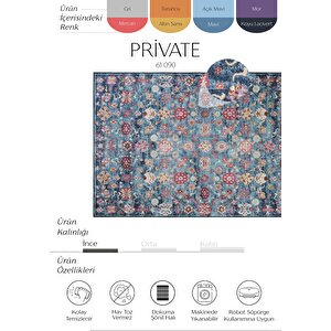 Private Mavi Eskitme Vintage Halı Çiçek Otantik Dokuma Şönil Halı Yıkanabilir Salon Halısı 95x200 cm
