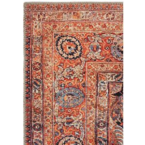 Cool Halı Private Turuncu Etnik Desenli Çiçekli Şönil Halı Yıkanabilir Eskitme Vintage Salon Halısı